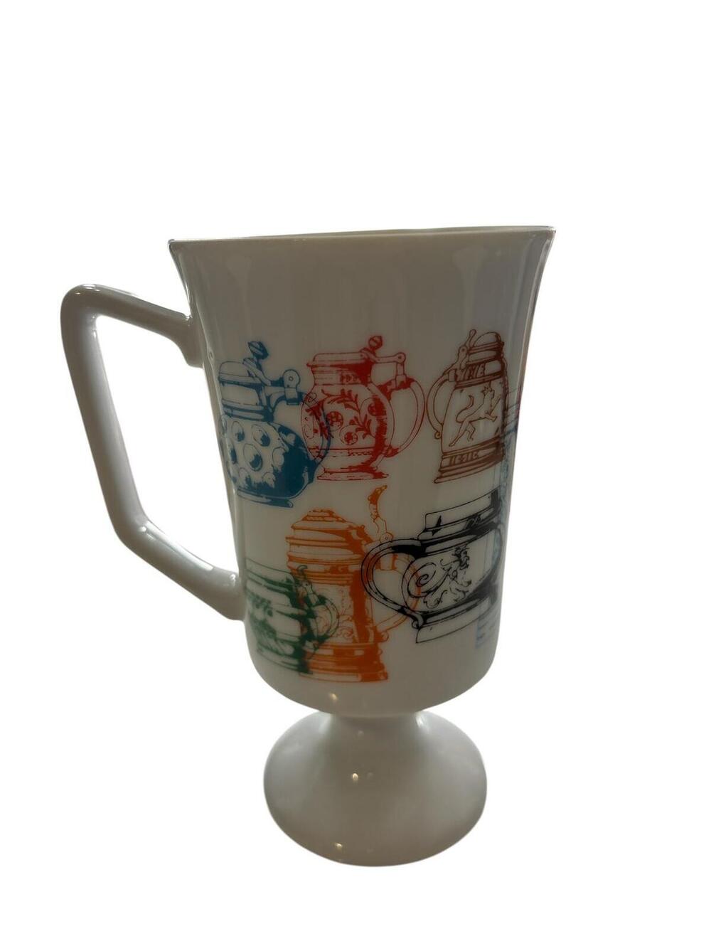 Vintage Georgian China Footed Ceramic Mug with Multicolour Tea Pot Print